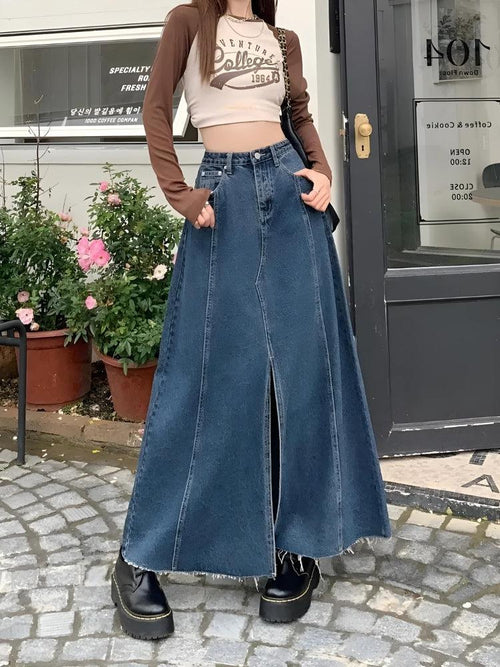 Litlookz Studio Denim Slit Frayed Hem Maxi Skirt