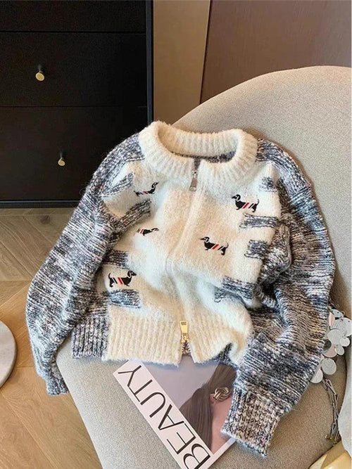 Litlookz Studio Dog Embroidered Double Zip-Up Knitted Cardigan