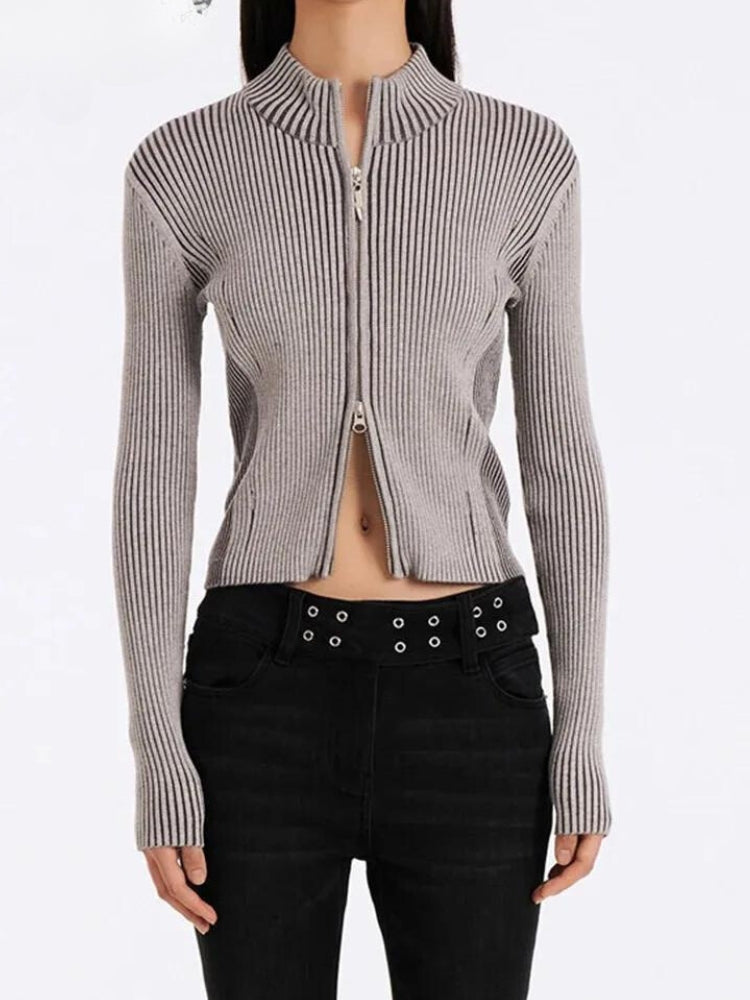 Litlookz Studio Double Zip-Up Distressed Corduroy Cardigan