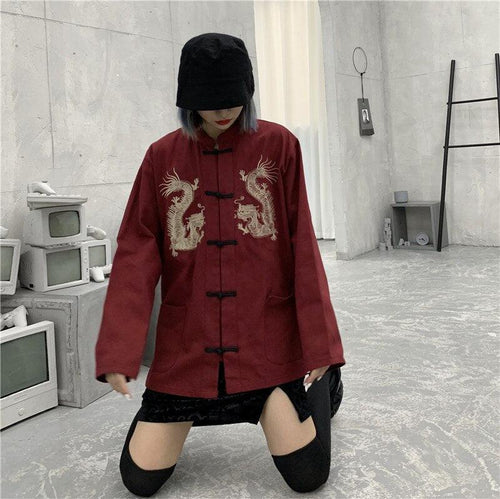 Litlookz Studio Dragon Embroidery Mandarin Collar Shirt
