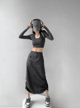 Litlookz Studio Drawstring Parachute Midi Skirt, view 3