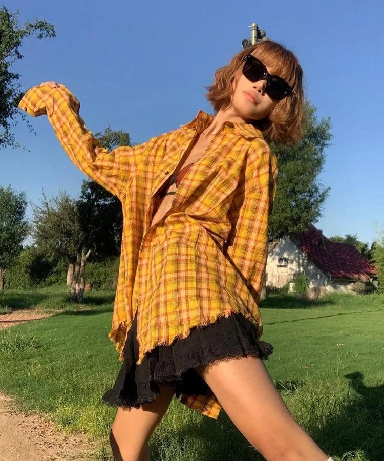 Litlookz Studio Embroidered Tasseled Plaid Shirt