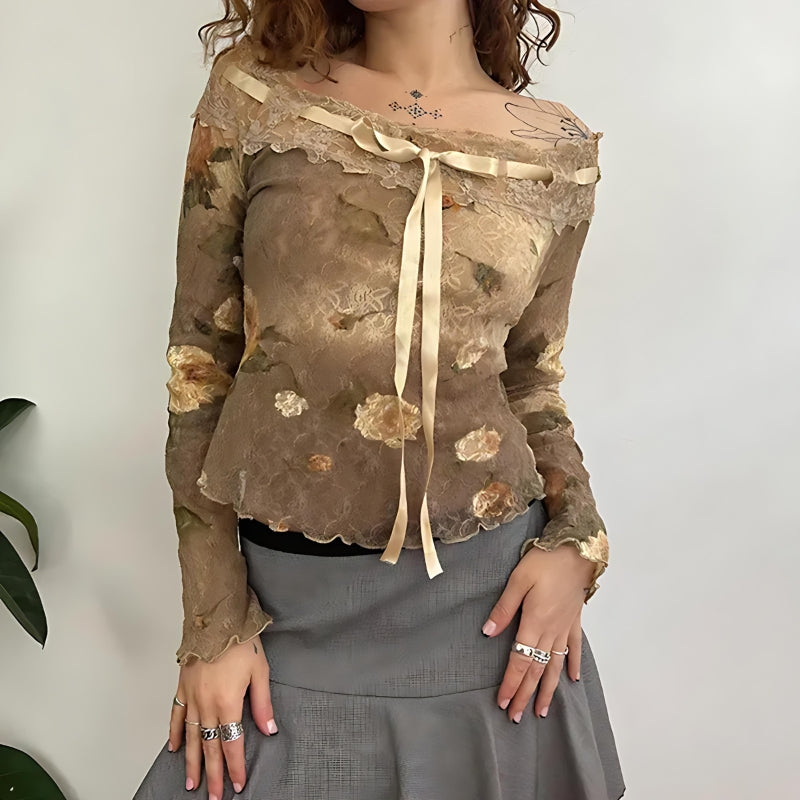 Litlookz Studio Fairy Grunge Floral Off Shoulder Lace Top