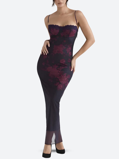 Litlookz Studio Floral Bodycon Lace Up Mesh Maxi Dress