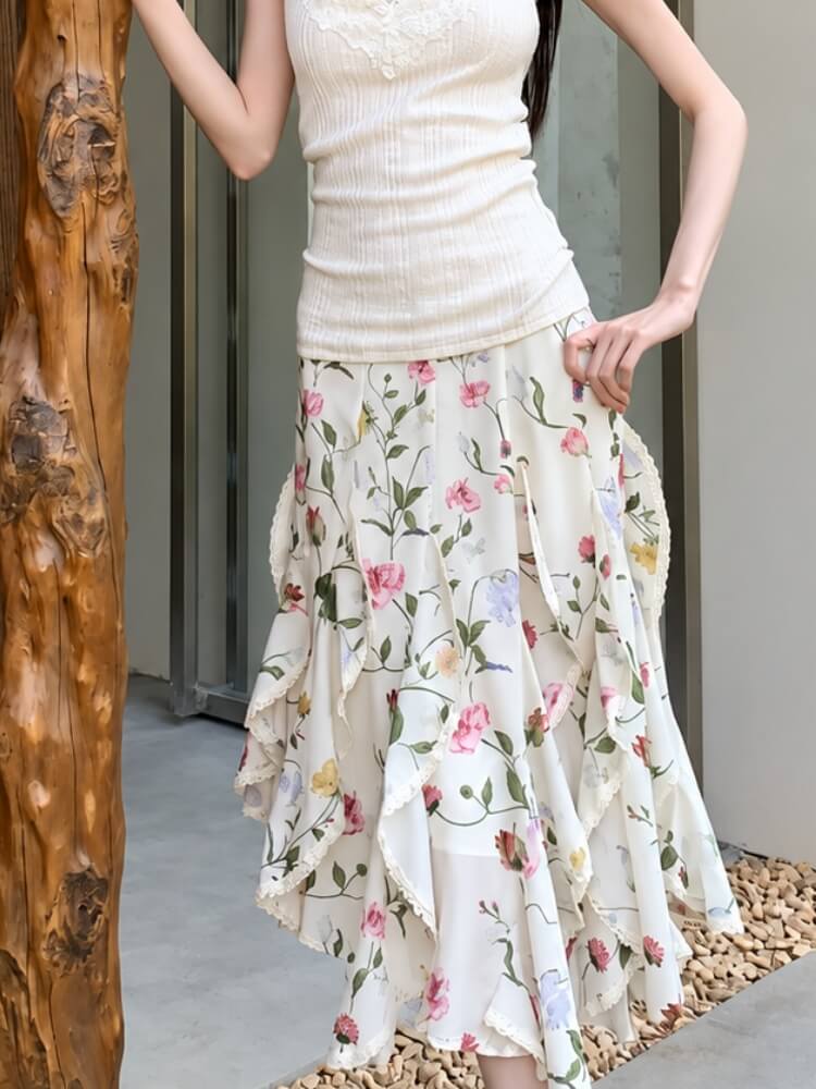 Litlookz Studio Floral Ruffle Midi Skirt