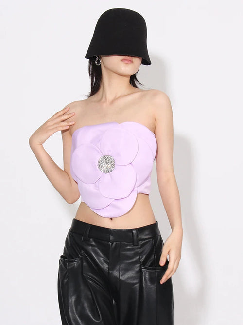 Litlookz Studio Flower Rhinestone Zip-Up Strapless Top