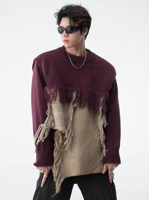 Litlookz Studio Fringe Patchwork Knitted Sweater