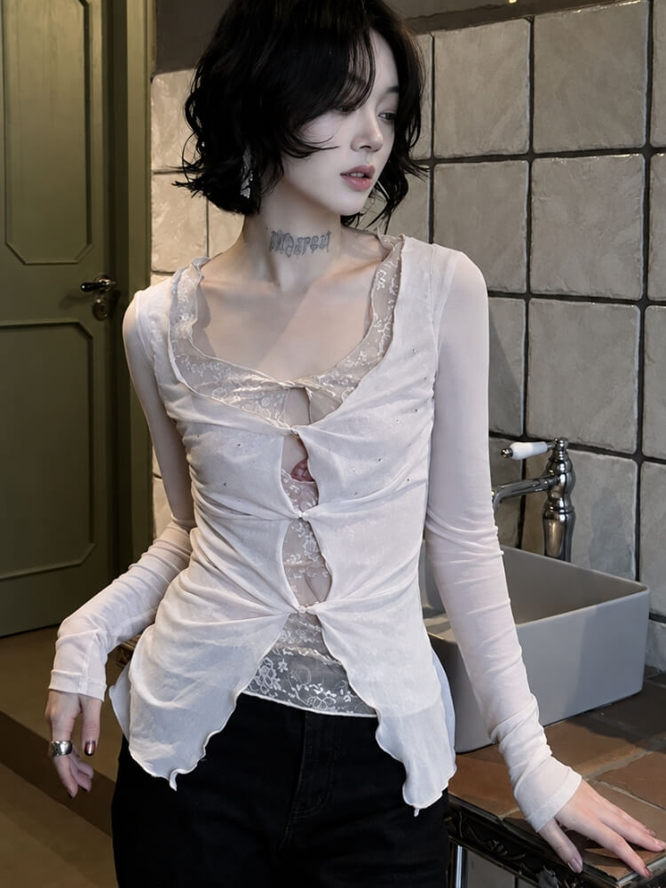Litlookz Studio Front Tie Mesh Blouse