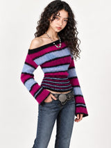 Litlookz Studio Fuzzy Stripe Off Shoulder Sweater, view 2