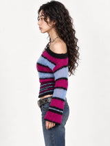 Litlookz Studio Fuzzy Stripe Off Shoulder Sweater, view 3
