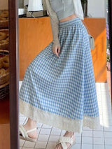 Litlookz Studio Gingham Lace Trim Midi Skirt, view 2