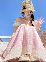 Litlookz Studio Gingham Lace Trim Midi Skirt, view 3