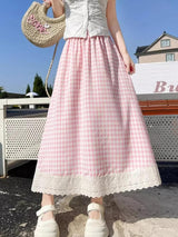 Litlookz Studio Gingham Lace Trim Midi Skirt, view 4