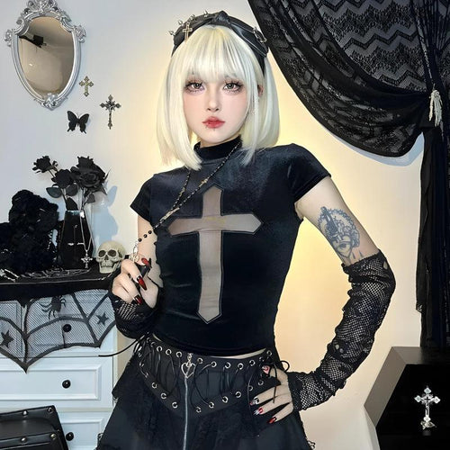Litlookz Studio Goth Cross Cut Out Velvet Top
