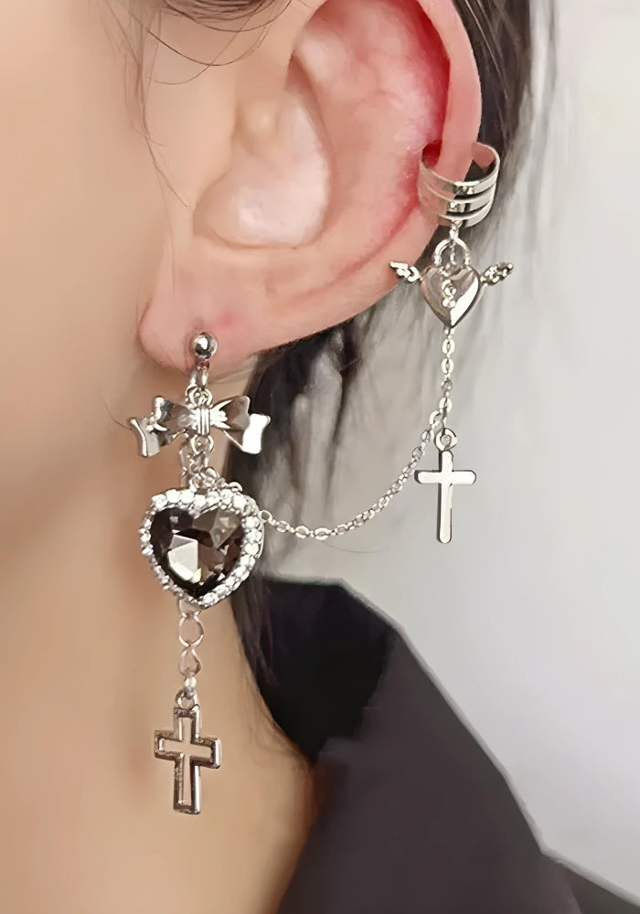 Litlookz Studio Goth Heart Cross Chain Earrings