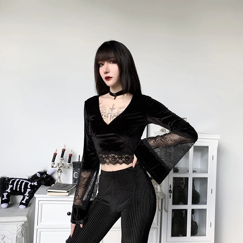 Litlookz Studio Goth Lace Flare Cuffs Crop Top