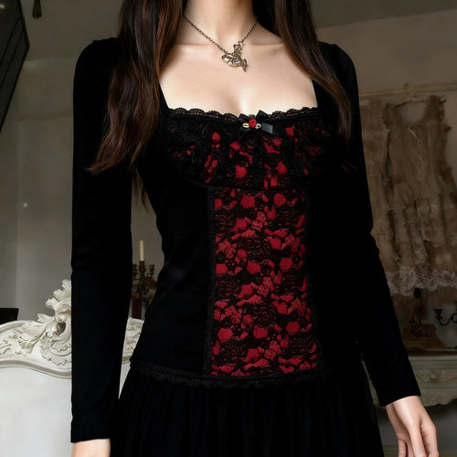 Litlookz Studio Goth Red Lace Panel Top