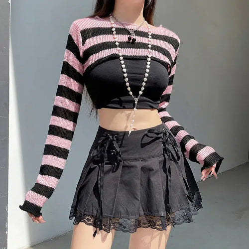 Litlookz Studio Goth Striped Knitted Shrug Sweater