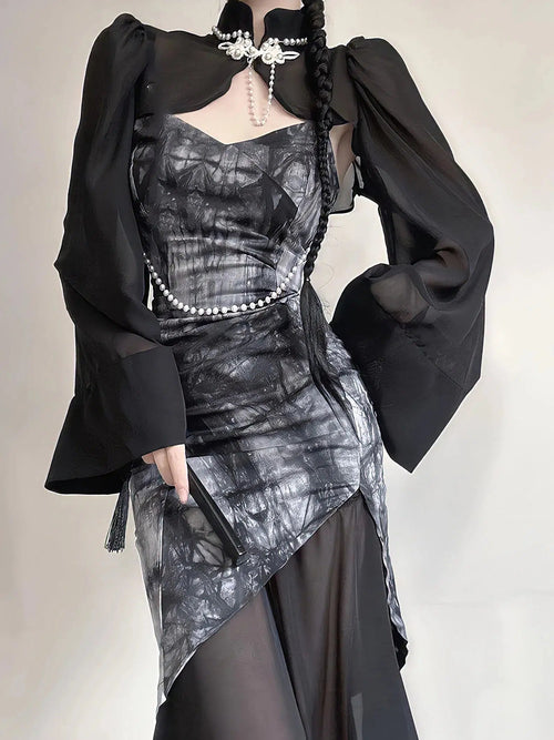 Litlookz Studio Goth Wide Sleeve Qipao Midi Dress