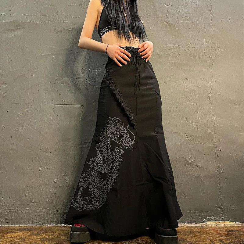 Litlookz Studio Gothic Dragon Printed Maxi Skirt