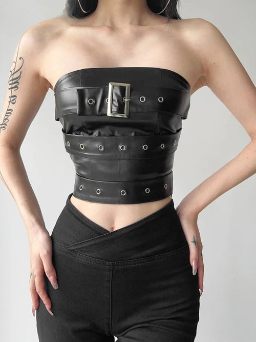 Litlookz Studio Grunge Belted Faux Leather Tube Top