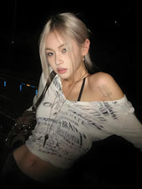 Litlookz Studio Grunge Blur Letter One Shoulder Top, view 3