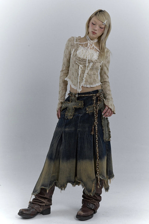 Litlookz Studio Grunge Cross Patch Pleated Maxi Skirt