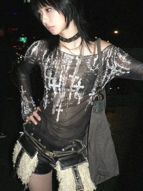 Litlookz Studio Grunge Cross Wide Neck Mesh Top