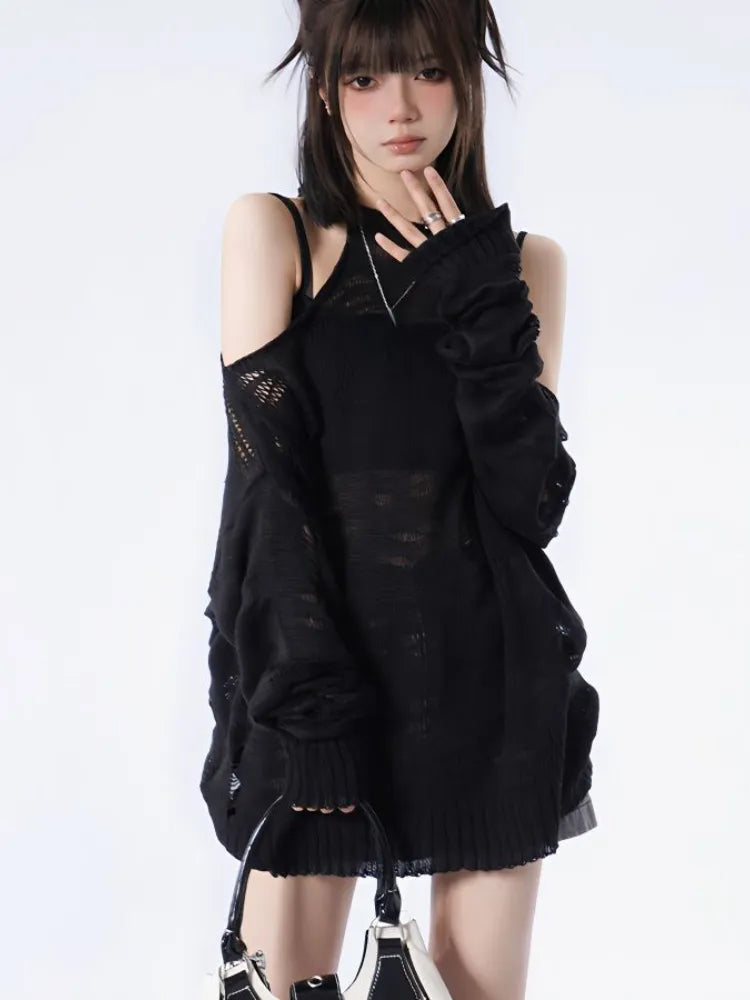 Litlookz Studio Grunge Distressed Cut-Out Fine Knitted Sweater