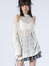 Litlookz Studio Grunge Distressed Cut-Out Fine Knitted Sweater, view 3