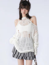 Litlookz Studio Grunge Distressed Cut-Out Fine Knitted Sweater, view 4
