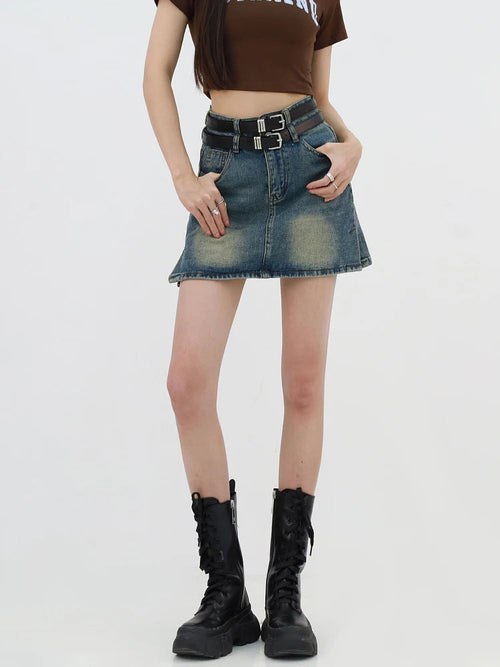 Litlookz Studio Grunge Double Belt Loop Denim Mini Skirt