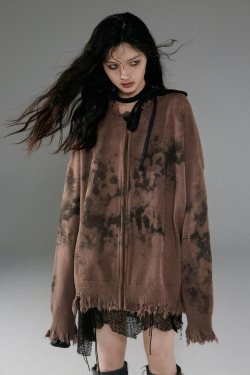 Litlookz Studio Grunge Extra Distressed Zip-Up Cardigan