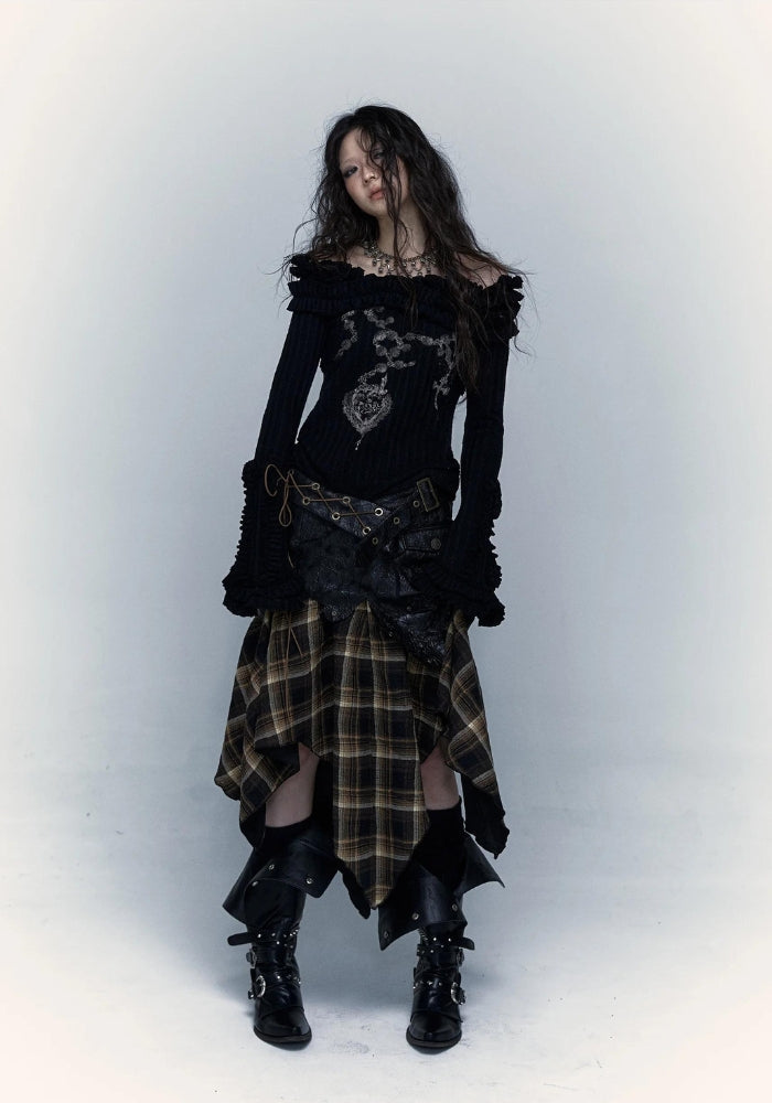 Litlookz Studio Grunge Faux Leather Plaid Midi Skirt