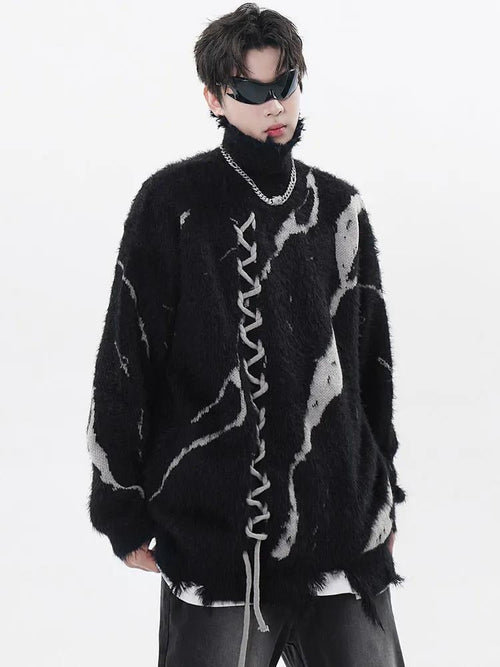 Litlookz Studio Grunge Fluffy Lace Up Sweater