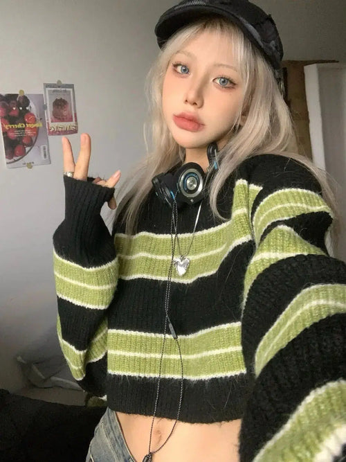Litlookz Studio Grunge Green Striped Crop Sweater