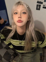 Litlookz Studio Grunge Green Striped Crop Sweater, view 2