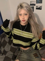 Litlookz Studio Grunge Green Striped Crop Sweater, view 4