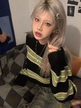 Litlookz Studio Grunge Green Striped Crop Sweater, view 5