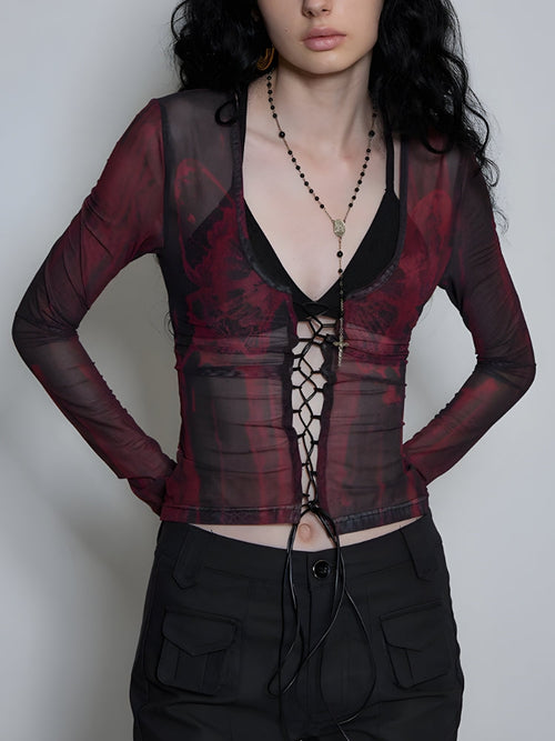 Litlookz Studio Grunge Lace Up Sheer Top