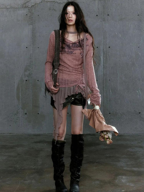 Litlookz Studio Grunge Neck Tie Ruffled Top
