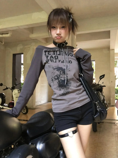 Litlookz Studio Grunge One Shoulder Drawstring Top