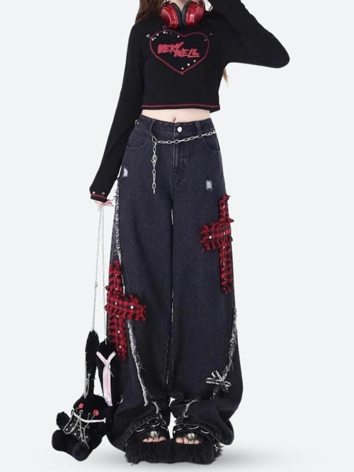 Litlookz Studio Grunge Plaid Cross Patch Jeans