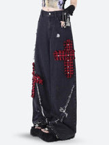 Litlookz Studio Grunge Plaid Cross Patch Jeans, view 3