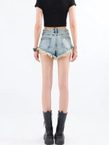 Litlookz Studio Grunge Tasseled Denim Shorts, view 2
