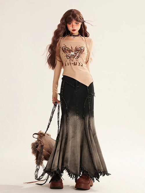 Litlookz Studio Grunge Tasseled Patch Maxi Skirt