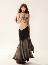 Litlookz Studio Grunge Tasseled Patch Maxi Skirt, view 2