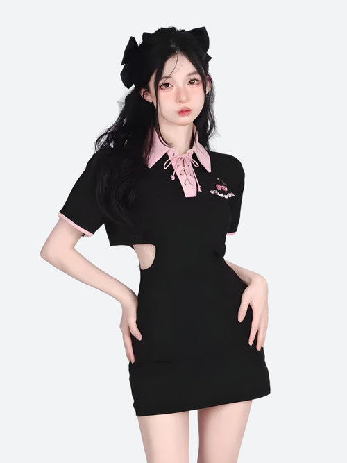 Litlookz Studio Kawaii Cherry Cut Out Mini Polo Dress