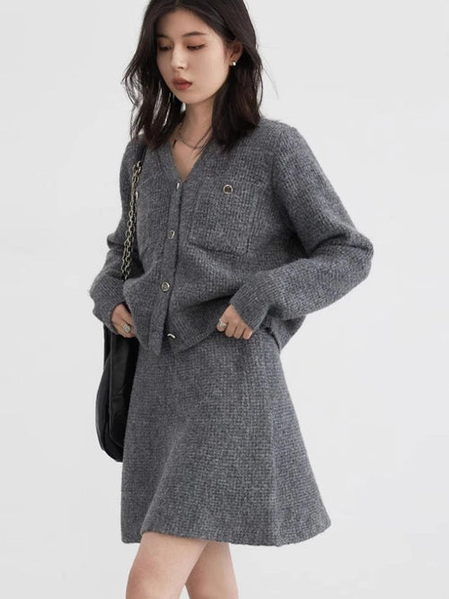 Litlookz Studio Knitted Button-Up Cardigan & Mini Skirt Two Piece Set
