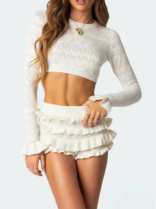 Litlookz Studio Knitted Crop Top & Ruffled Shorts Two Piece Set